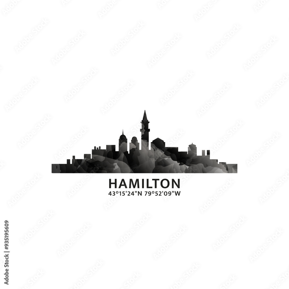 Hamilton panorama, vector badge, skyline logo and icon. Canada, Ontario province city horizon logotype with landmarks and building silhouettes. Isolated foggy abstract gradient graphic Hamilton panorama, vector badge, skyline logo and icon. Canada, Ontario province city horizon logotype with landmarks and building silhouettes. Isolated foggy abstract gradient graphic