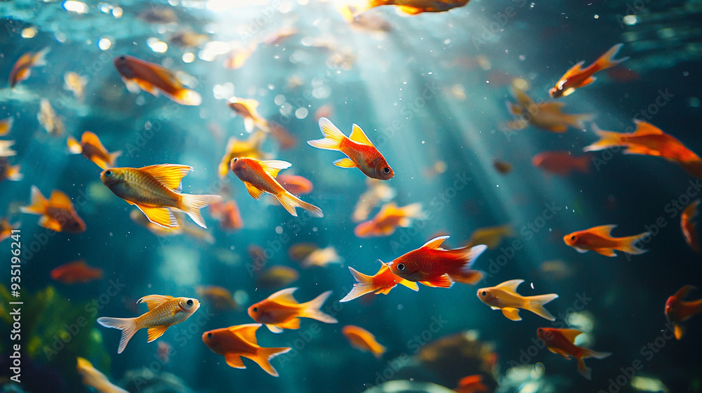 A school of tiny bright fish swimming together A school of tiny bright fish swimming together