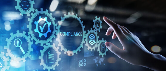 Compliance concept with icons and text. Regulations, law, standards, requirements, audit diagram on virtual screen.