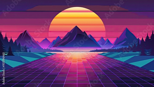 Retro Sunset Mountain Landscape with Grid Path