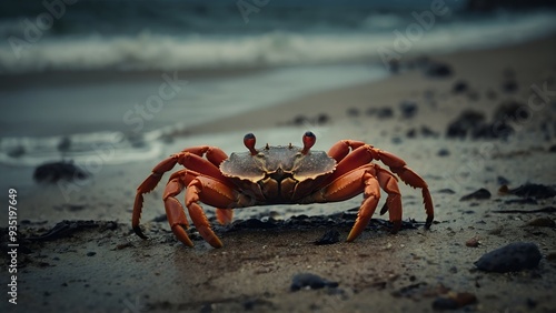 Vibrant crab moving through the shore, showcasing the lively and captivating nature of oceanic ecosystems