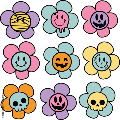 set of halloween Cute Spooky funny cartoon monsters flowers elements hand drawn vector for decorate invitation greeting birthday party celebration card poster banner textiles wallpaper backgrounds