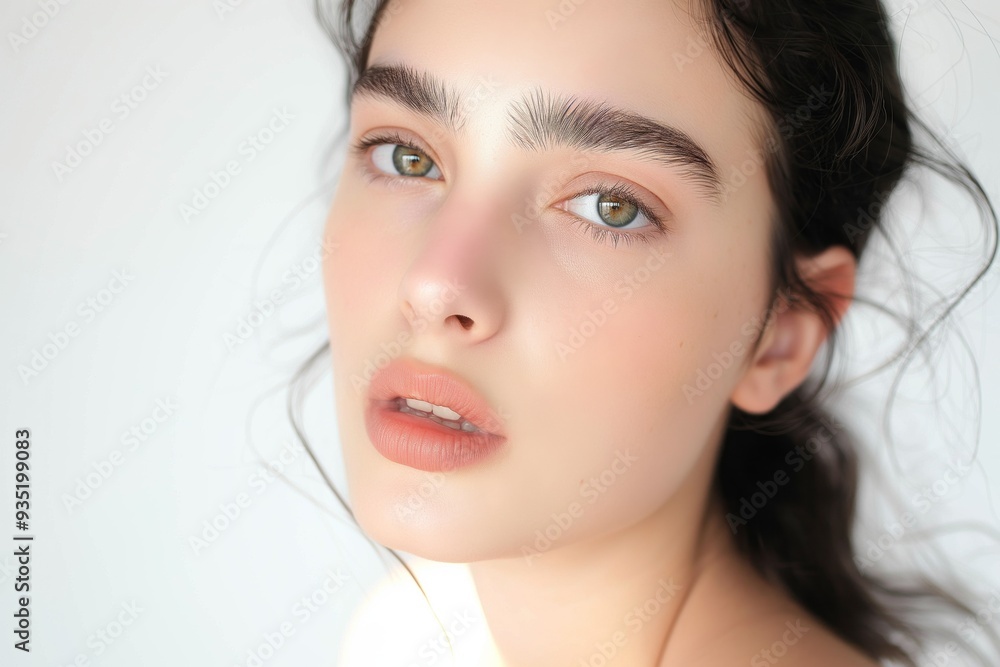 Fototapeta premium close up face portrait of young pretty Asian woman with bright flawless skin with natural light, beauty cosmetic or skincare fashion portrait with copy space, shadow and light play