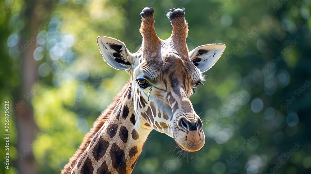 Giraffe head detail showing off the odd and yellow markings on its neck Giraffe head detail showing off the odd and yellow markings on its neck