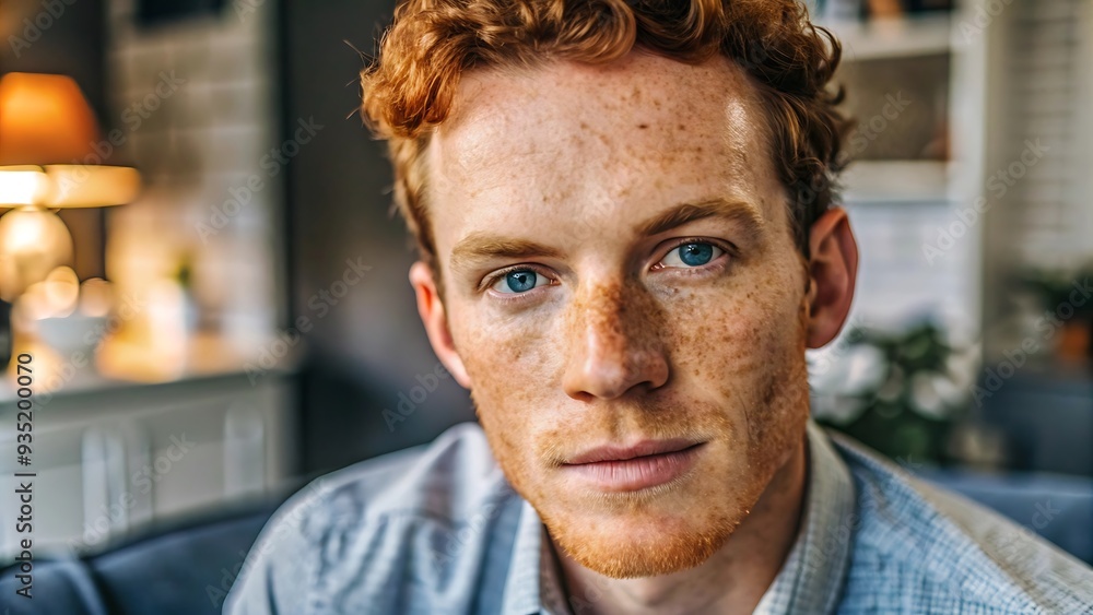 Close-up portrait of a redhead man with freckles and blue eyes. Close-up portrait of a redhead man with freckles and blue eyes.