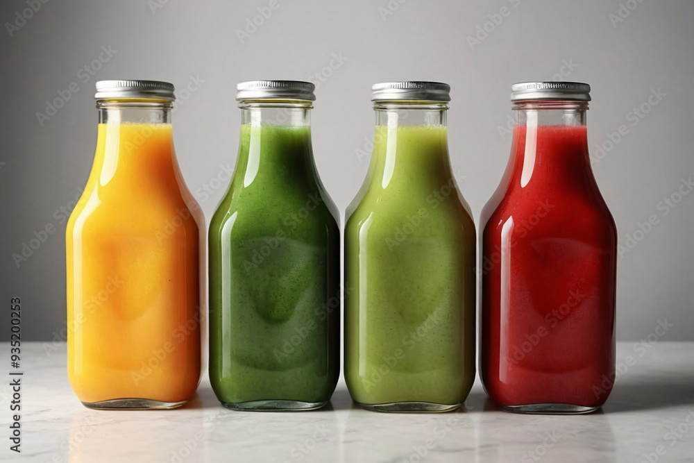 Four glass bottles with colorful liquids, arranged in a row on a white marble surface. Four glass bottles with colorful liquids, arranged in a row on a white marble surface.