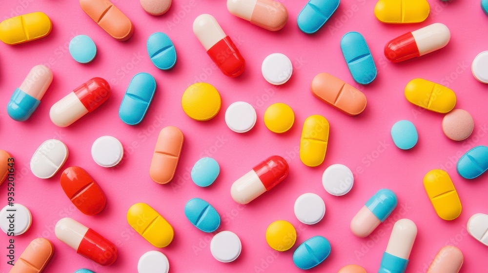Colorful pills and capsules scattered on a pink background, showcasing a variety of shapes and sizes for health and wellness themes. Colorful pills and capsules scattered on a pink background, showcasing a variety of shapes and sizes for health and wellness themes.
