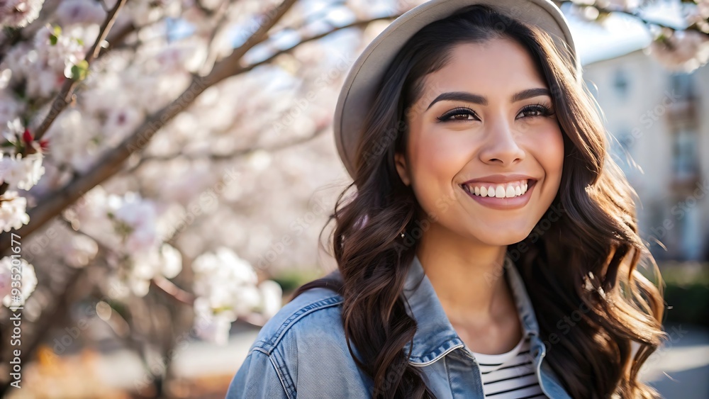 Happy Woman in a Hat Smiling Under Cherry Blossom Tree. Happy Woman in a Hat Smiling Under Cherry Blossom Tree.