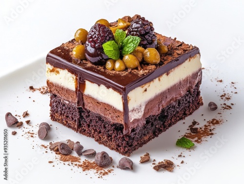 layered chocolate dessert with a rich fondue coating, rendered using expressive watercolor techniques and vibrant colors photo