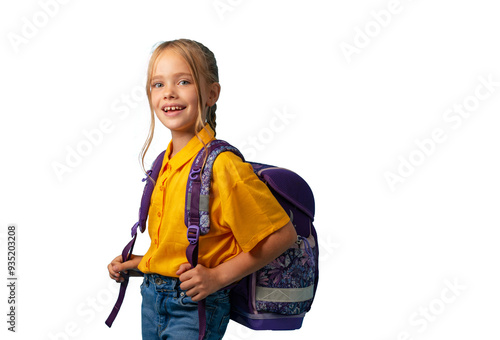 Cute girl with schoolbag smiling. Back to school. PNG file with transparency.  