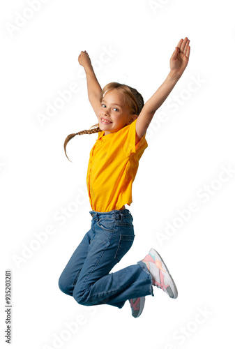 Cute happy girl jumping in the air. PNG file with transparency. 