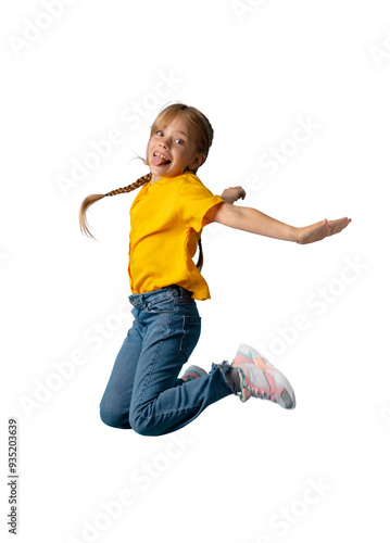 Cute happy girl jumping in the air. PNG file with transparency. 