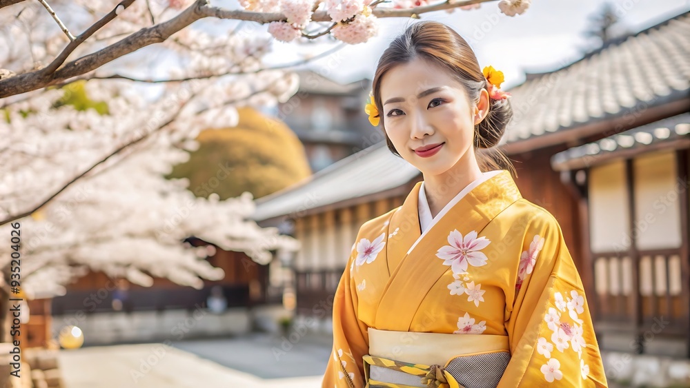 Beautiful Woman in Traditional Kimono Under Cherry Blossom Tree. Beautiful Woman in Traditional Kimono Under Cherry Blossom Tree.