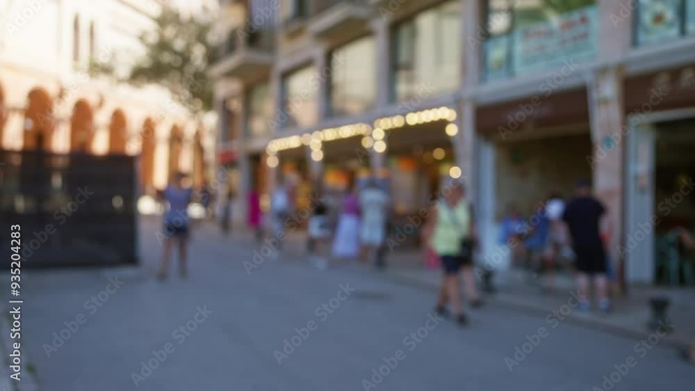 Blurred people walking on the street in outdoor mallorca with background showing bokeh effect of shops and buildings. Blurred people walking on the street in outdoor mallorca with background showing bokeh effect of shops and buildings.