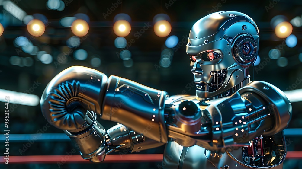 Fototapeta premium Robot Boxer Throwing Punch: A metallic robot in the ring, delivering a powerful punch towards its opponent. 