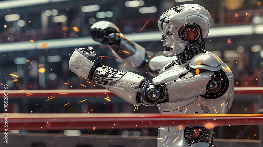 Fototapeta premium Robot Boxer Throwing Punch: A metallic robot in the ring, delivering a powerful punch towards its opponent.