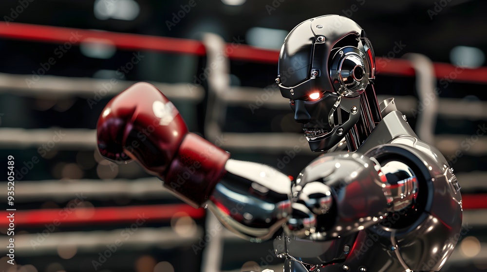 Robot Boxer Throwing Punch: A metallic robot in the ring, delivering a powerful punch towards its opponent.
Robot Boxer Throwing Punch: A metallic robot in the ring, delivering a powerful punch towards its opponent.