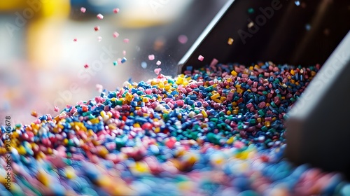 Closeup view of recycled plastic pellets being processed and transformed into raw material for new sustainable product manufacturing  Circular economy concept with recycled materials photo