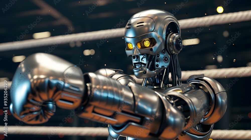 Fototapeta premium Robot Boxer Throwing Punch: A metallic robot in the ring, delivering a powerful punch towards its opponent. 