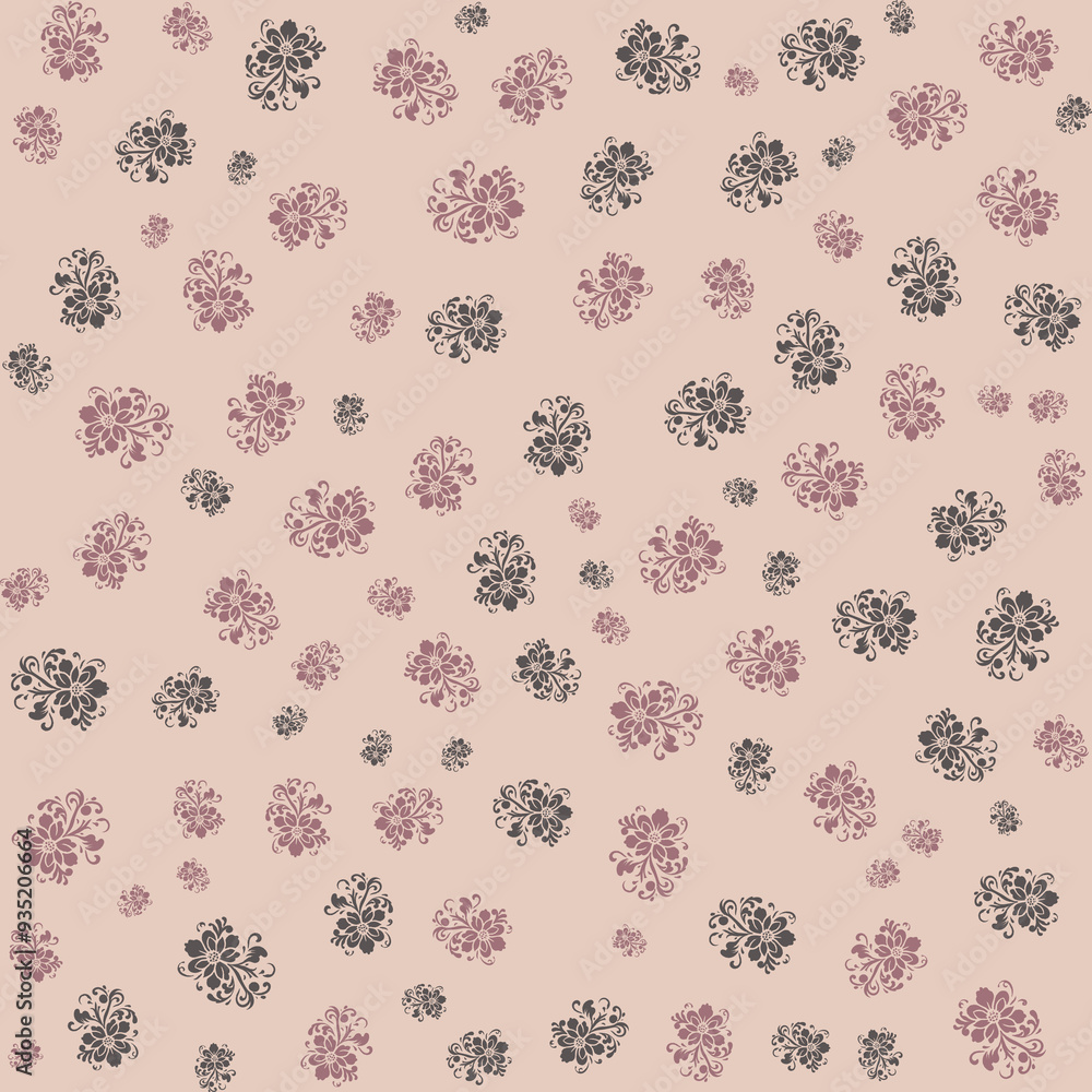 Seamless pattern of pink and gray floral designs on a beige background. Seamless pattern of pink and gray floral designs on a beige background.
