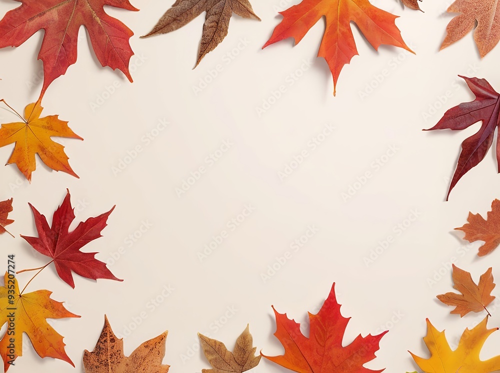 Autumn maple leaves scattered along the top and bottom edges of pale cream background, leaving the center free for a warm, seasonal beauty product presentation. Made with generative AI technology Autumn maple leaves scattered along the top and bottom edges of pale cream background, leaving the center free for a warm, seasonal beauty product presentation. Made with generative AI technology