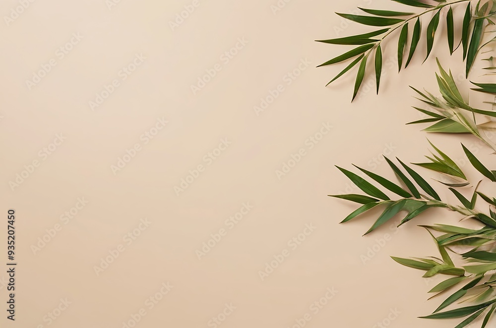 Bamboo leaves elegantly placed along the edges of a warm beige background, leaving the middle blank for a natural beauty product presentation. Made with generative AI technology Bamboo leaves elegantly placed along the edges of a warm beige background, leaving the middle blank for a natural beauty product presentation. Made with generative AI technology