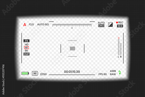 Camera viewfinder video or photo frame recorder flat style design vector illustration. Digital camera viewfinder with exposure settings and focusing grid template.