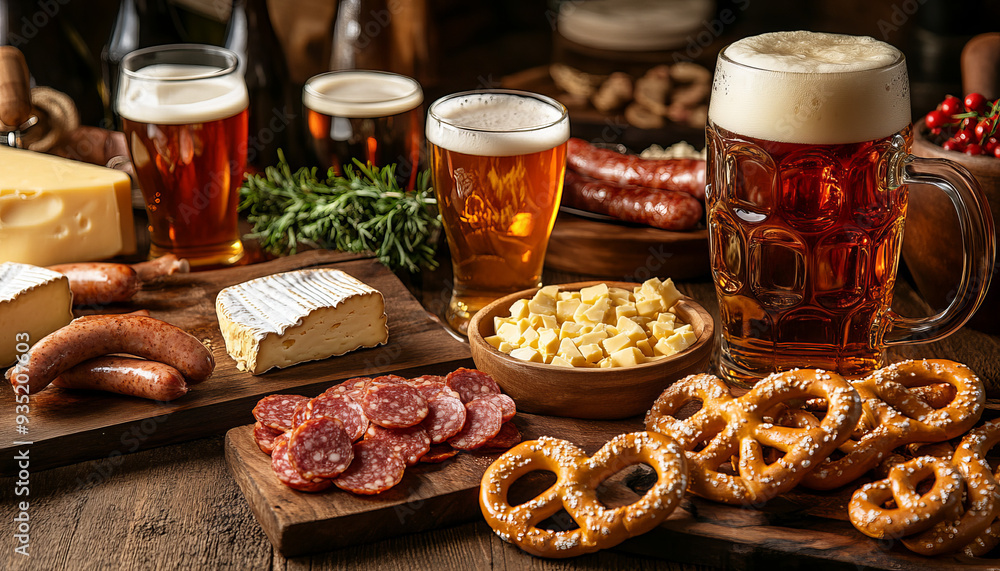 A beer and food pairing setup featuring a selection of beers alongside complementary dishes such as pretzels, cheese, and sausages. The scene is set in a casual, inviting atmosphere with warm lightin A beer and food pairing setup featuring a selection of beers alongside complementary dishes such as pretzels, cheese, and sausages. The scene is set in a casual, inviting atmosphere with warm lightin
