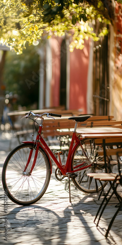 Bicycle parked near a quaint cafe