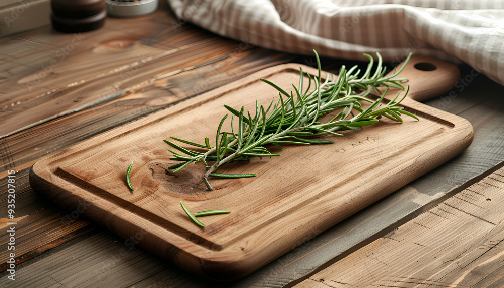 Board with fresh rosemary twigs on wooden table Board with fresh rosemary twigs on wooden table