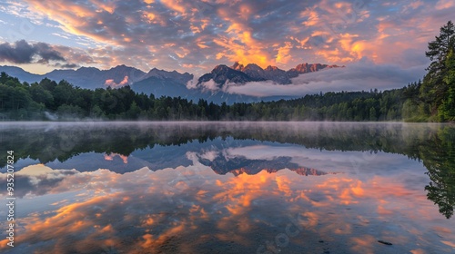 5. A serene sunrise over Lake Geroldsee, with the lake's mirror-like surface reflecting the golden and pink hues of the sky. The peaceful setting of Wagenbruechsee in Kruen, near photo