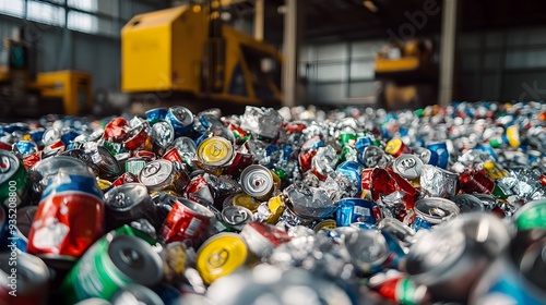 A pile of crushed aluminum cans ready to be processed for recycling with machinery visible in the background