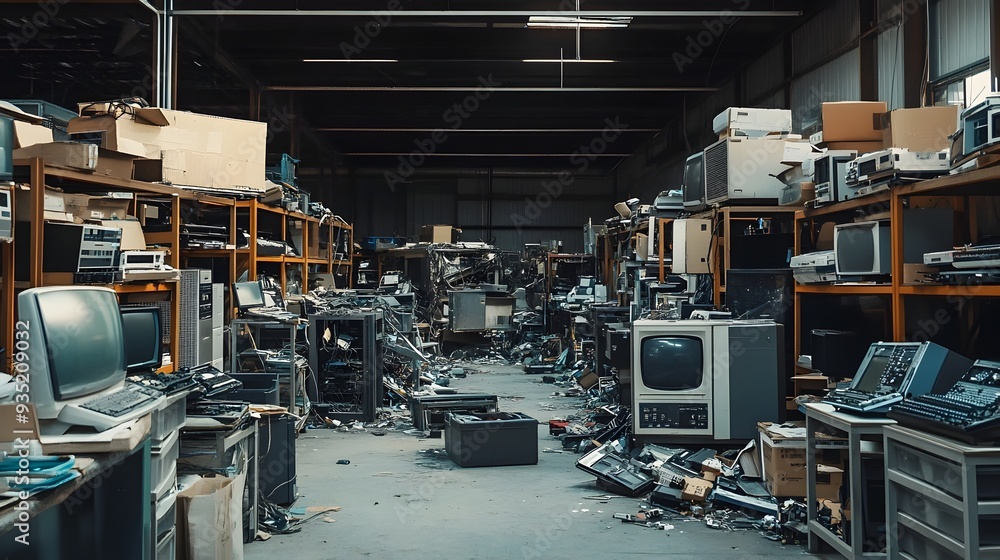 Naklejka premium Sustainable Electronic Waste Recycling Facility Dismantling and Repurposing Old Computers Phones and Appliances for a Greener Future