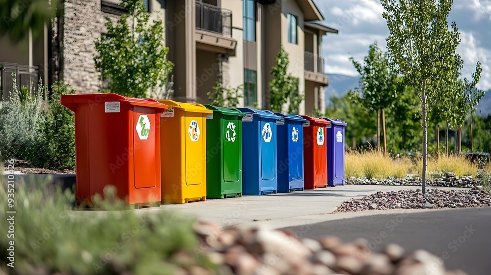 A row of color coded recycling bins strategically placed in a community setting with clear signage indicating the different materials to be deposited in each bin A row of color coded recycling bins strategically placed in a community setting with clear signage indicating the different materials to be deposited in each bin