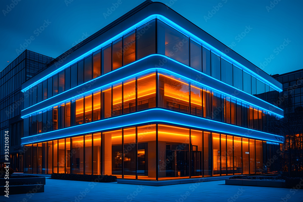 Modern office building with glass facade and reflection in the windows at night. Perspective view. Architectural details of modern building. Blue toned. Generative AI Modern office building with glass facade and reflection in the windows at night. Perspective view. Architectural details of modern building. Blue toned. Generative AI