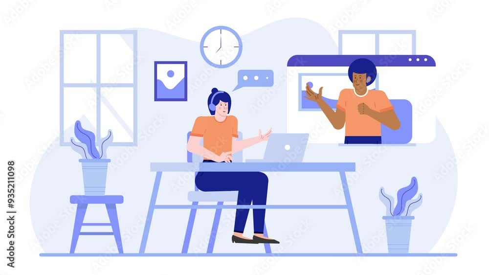 A digital workspace scene featuring a woman on a laptop and a man in a virtual meeting illustration business animated video A digital workspace scene featuring a woman on a laptop and a man in a virtual meeting illustration business animated video