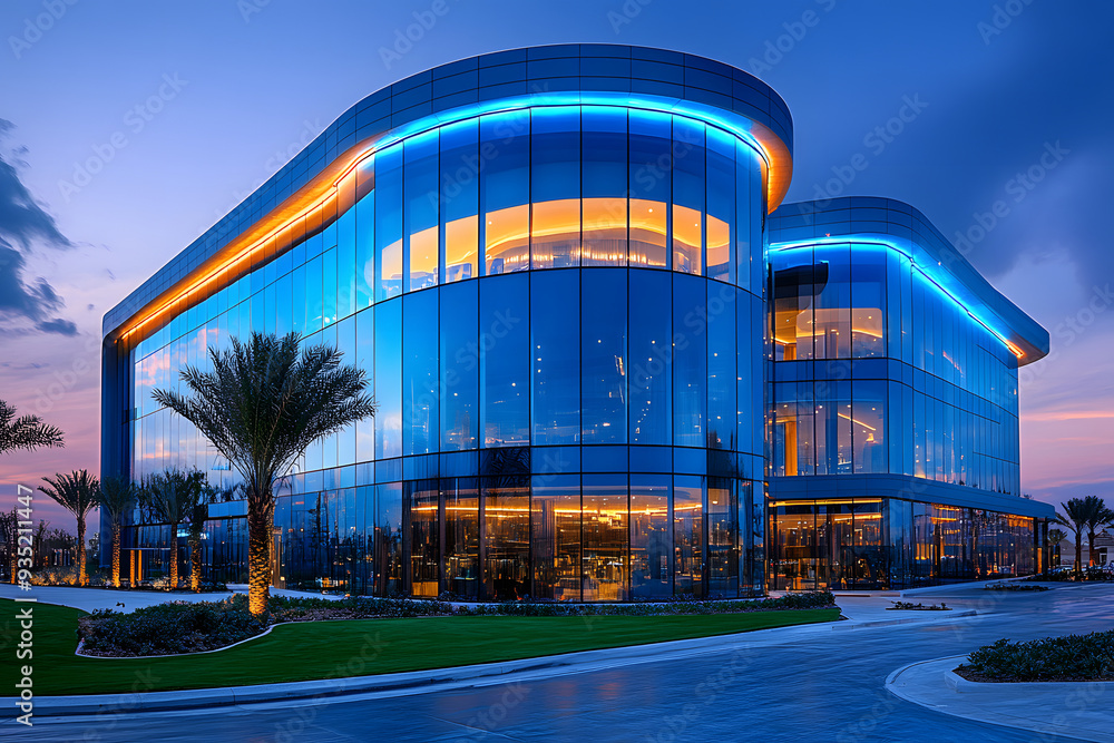 Modern office building with glass facade and reflection in the windows at night. Perspective view. Architectural details of modern building. Blue toned. Generative AI Modern office building with glass facade and reflection in the windows at night. Perspective view. Architectural details of modern building. Blue toned. Generative AI