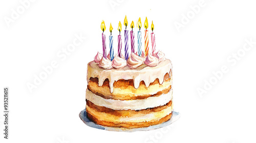 A watercolor illustration of a birthday number cake with intricate frosting details and subtle color variations, Isolated on transparent background