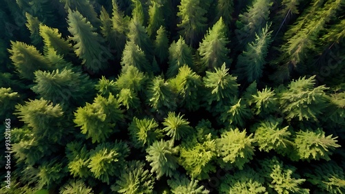 Aerial forest landscape view, green jungle scene from above, evergreen pine forest