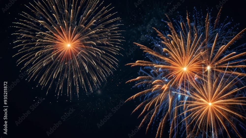 Fototapeta premium Big fireworks on a dark blue night background from the starry sky on New Year's Eve