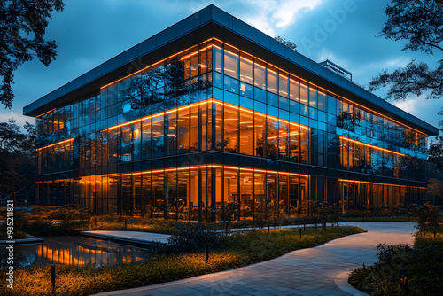 Modern office building with glass facade and reflection in the windows at night. Perspective view. Architectural details of modern building. Blue toned. Generative AI