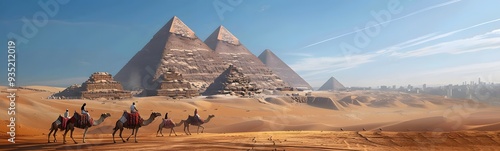 pyramids giza cairo in egypt with camel caravane panoramic scenic view.  photo