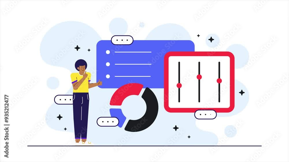 a character interacting with various data visualization elements representing analysis and user engagement illustration business animated video a character interacting with various data visualization elements representing analysis and user engagement illustration business animated video