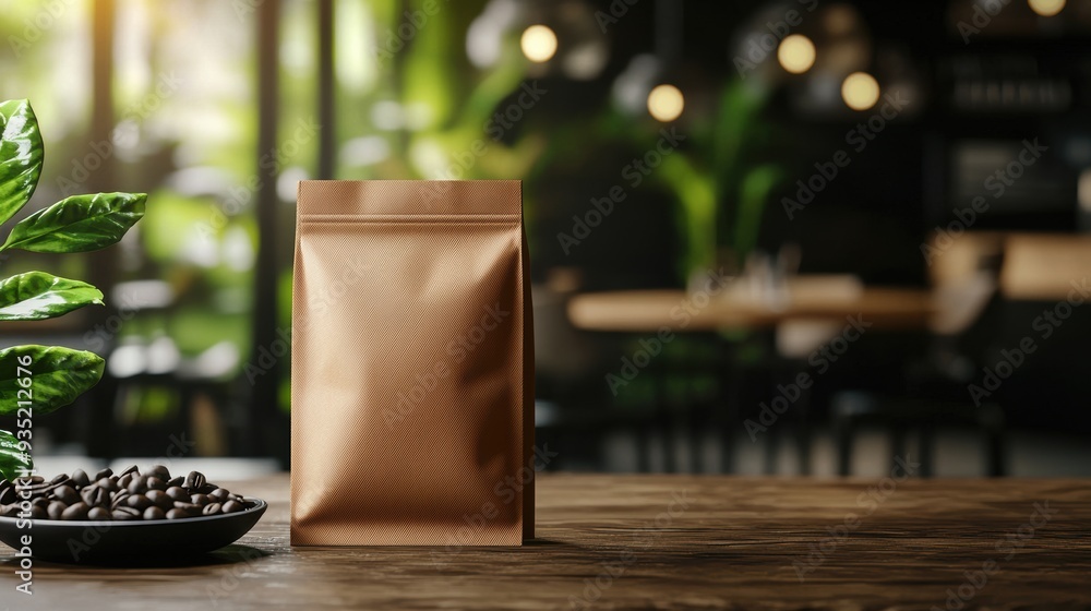 Coffee Bag with Beans on Wooden Table in Cafe A brown coffee bag and a bowl of coffee beans on a wooden table, set in a cozy, well-lit cafe environment Coffee Bag with Beans on Wooden Table in Cafe A brown coffee bag and a bowl of coffee beans on a wooden table, set in a cozy, well-lit cafe environment