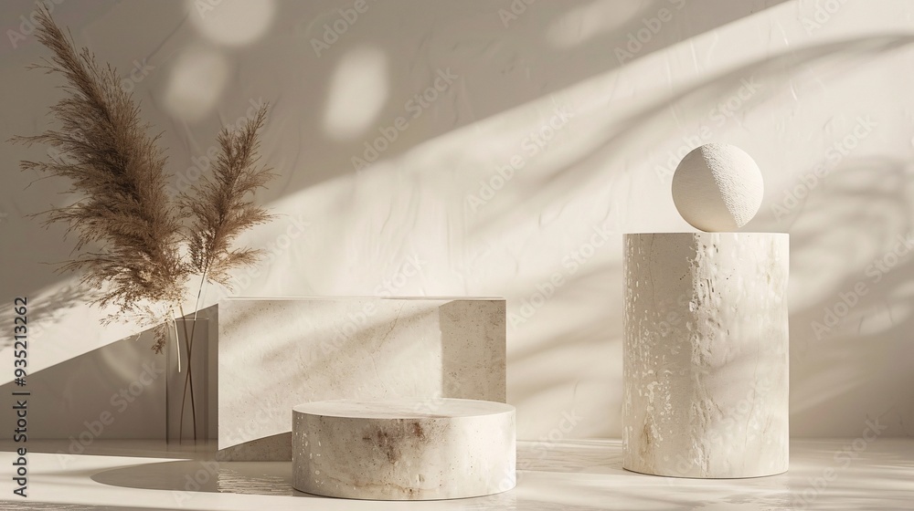 4. Modern podium for presenting cosmetic products, featuring abstract geometrical forms such as a cylinder and sphere, natural stone, soft shadows, and dry pampas grass, front view, ideal for an 4. Modern podium for presenting cosmetic products, featuring abstract geometrical forms such as a cylinder and sphere, natural stone, soft shadows, and dry pampas grass, front view, ideal for an