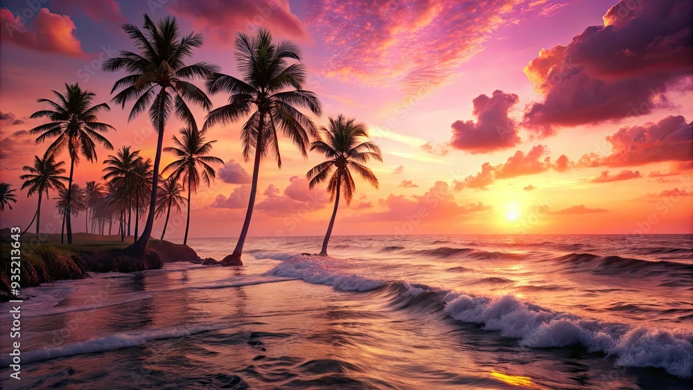 dramatic flamingo pink sunset over serene ocean waves with silhouetted palm trees and subtle misty atmosphere in gentle colors dramatic flamingo pink sunset over serene ocean waves with silhouetted palm trees and subtle misty atmosphere in gentle colors