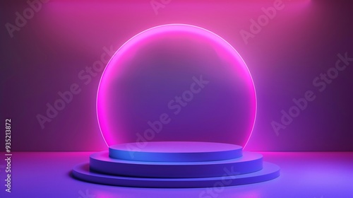 5. Surreal abstract empty stage with a cylinder podium and circular shape, set against a vibrant holographic neon purple background, perfect for showcasing cosmetic and beauty product packaging