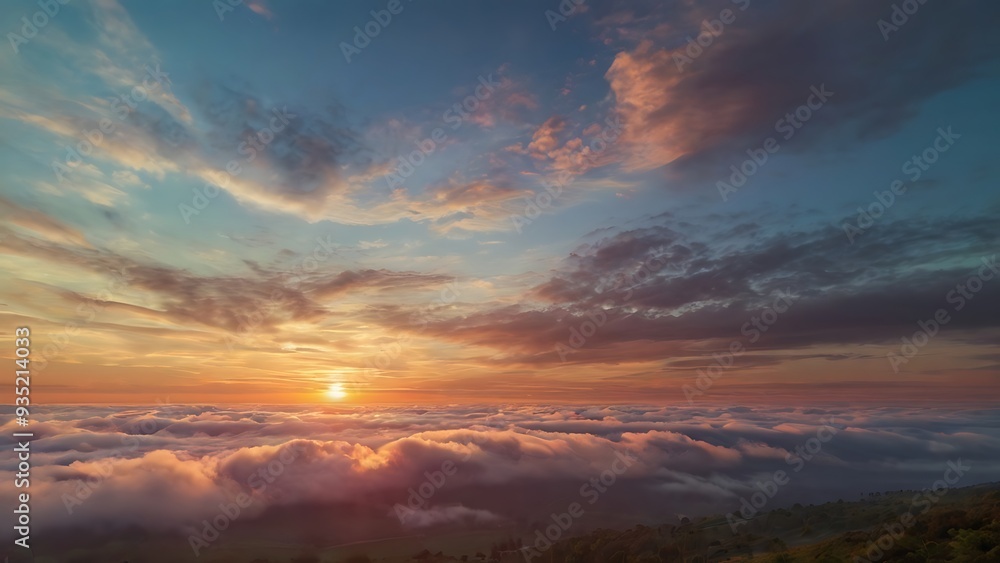 Fototapeta premium Dramatic evening cloudy sky landscape view, slight sunlight in horizon with dark orange clouds