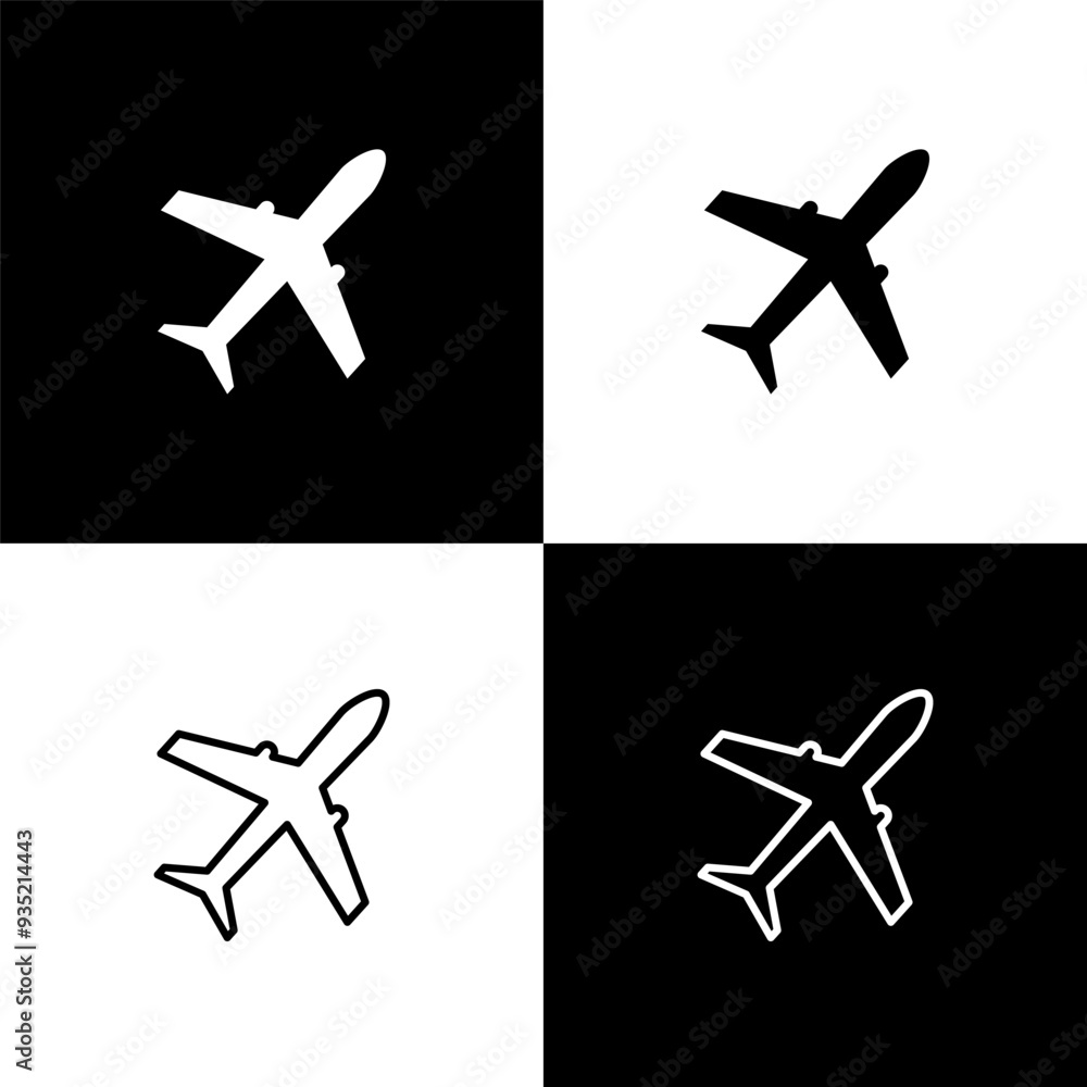 Set of plane icon isolated on black and white background. Flying airplane icon. Airliner sign. Vector illustration. Set of plane icon isolated on black and white background. Flying airplane icon. Airliner sign. Vector illustration.