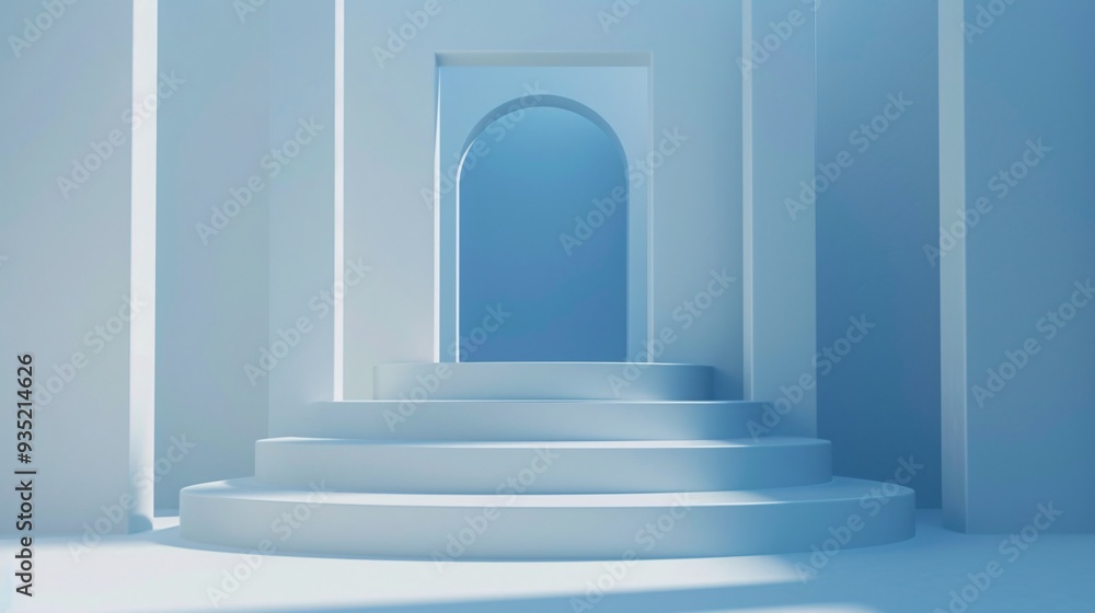 3. Elegant front view of a blue 3D podium featuring a doorway, with a white geometric abstract background, ideal for a modern and clean presentation